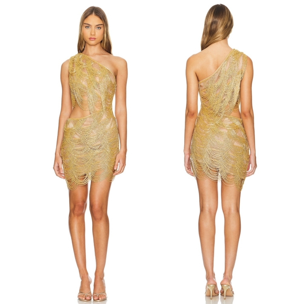 Bronx and Banco Gold One-Shoulder Chain Fringe Mini Dress